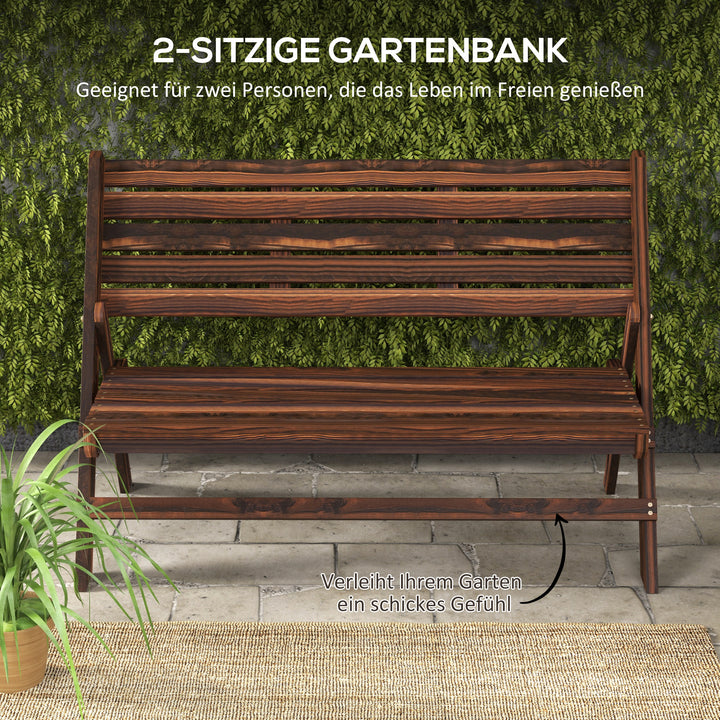 Havebænk til 2 personer, rustikt design, foldbar, naturtræ, 122 x 63 x 83 cm, forkullet overflade