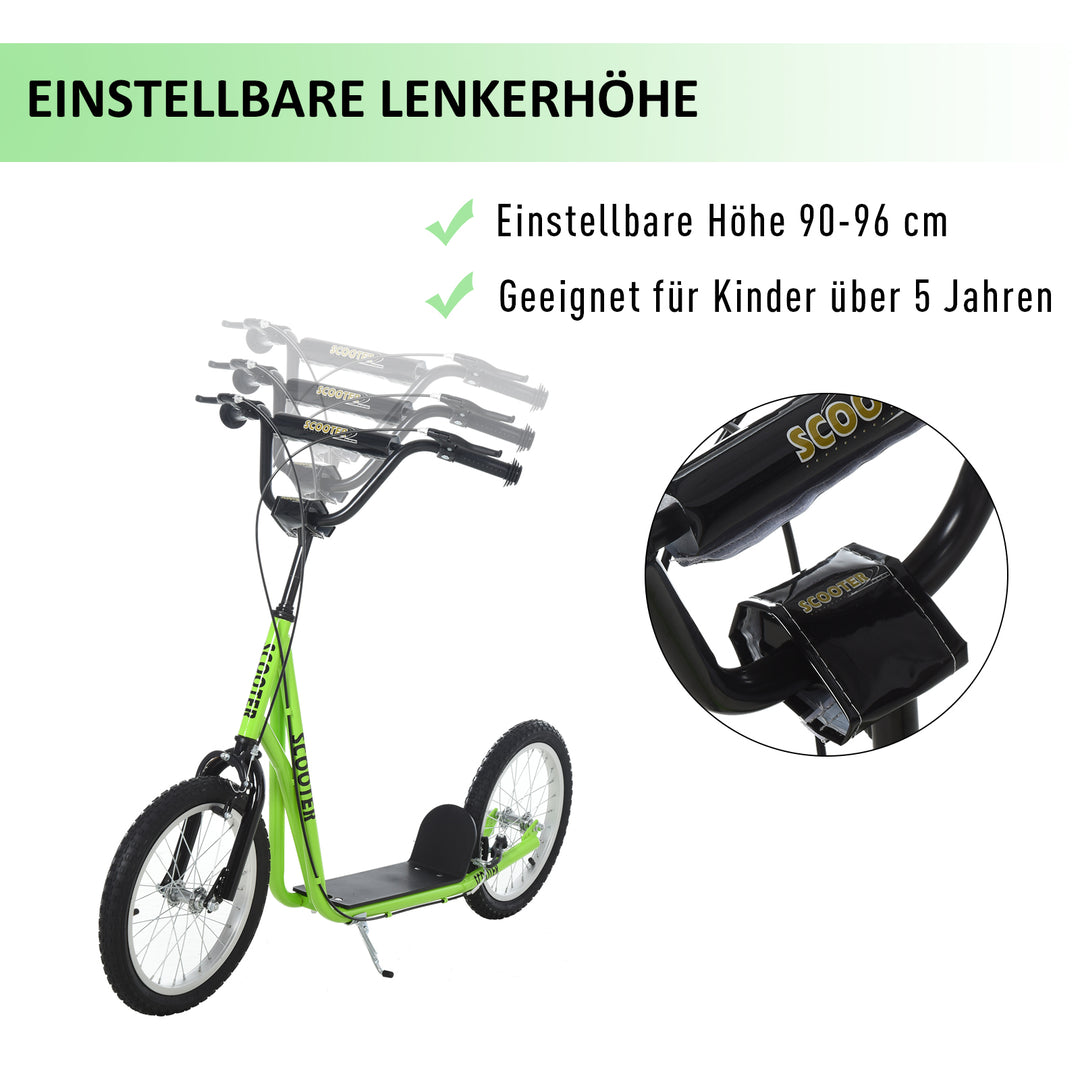 Børnescooter, sparkscooter, city scooter, sparkscooter, børnesparkbræt med luftgummidæk og håndbremse, scooter til børn fra 5 år, 16 tommer, grøn, 139 x 58 x 90-96 cm