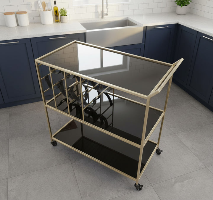 Glam rullevogn med guldfarve, metal, glas og pu – 79x39x5 cm