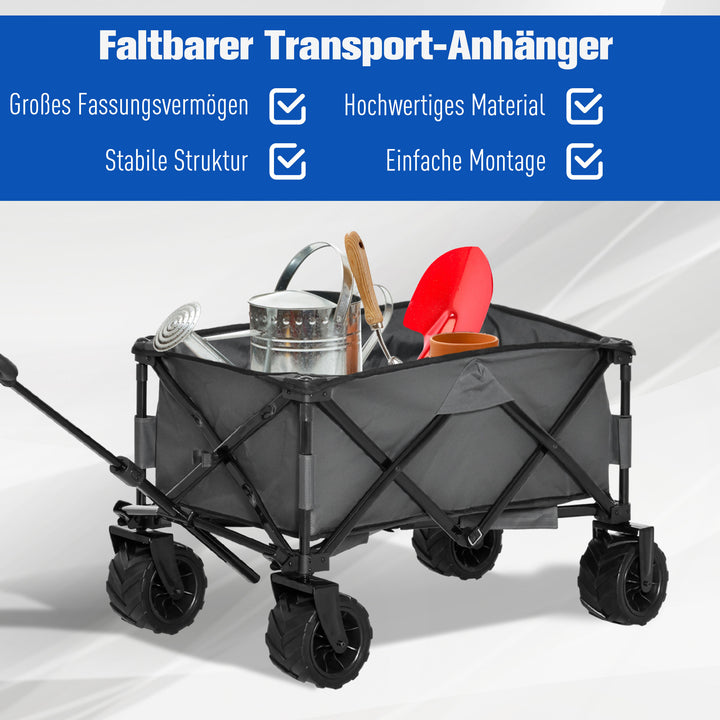 Sammenklappelig sækkevogn, 360° havevogn, transportvogn med teleskophåndtag, justerbar håndtagshøjde, strandvogn, op til 70 kg lasteevne, metal Oxford, mørkegrå, 108 x 55 x 59-89 cm
