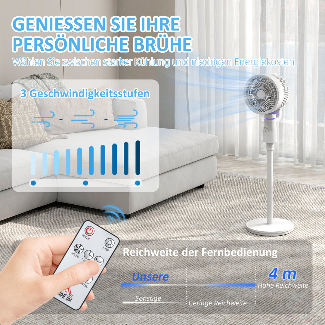 Sokkelventilator, luftcirkulator, ventilator med 3 hastighedsindstillinger, fjernbetjening, timer, 70°+90° oscillation