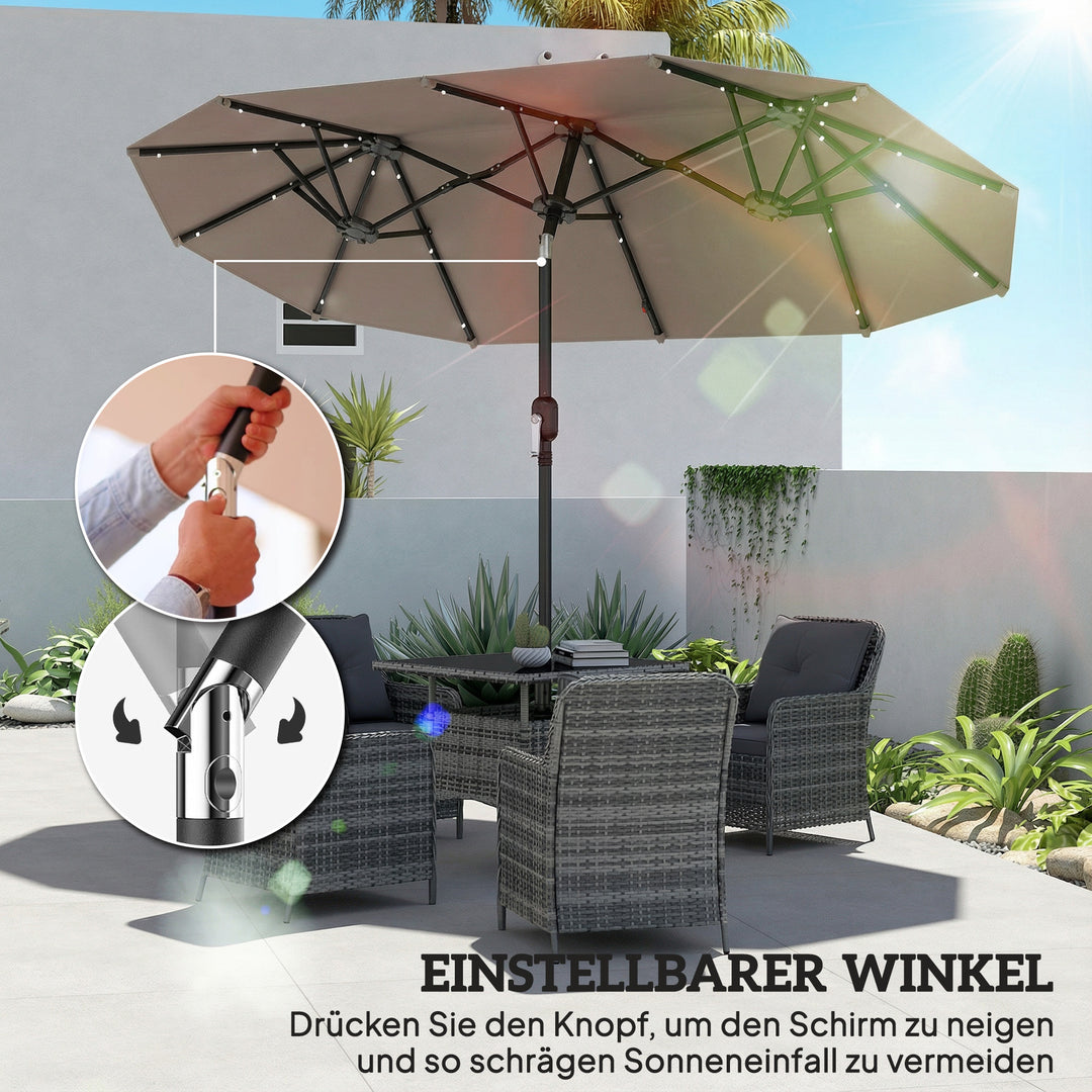 Dobbelt parasol 292 x 150 cm, parasol med LED-belysning, håndsving, vippefunktion, khaki
