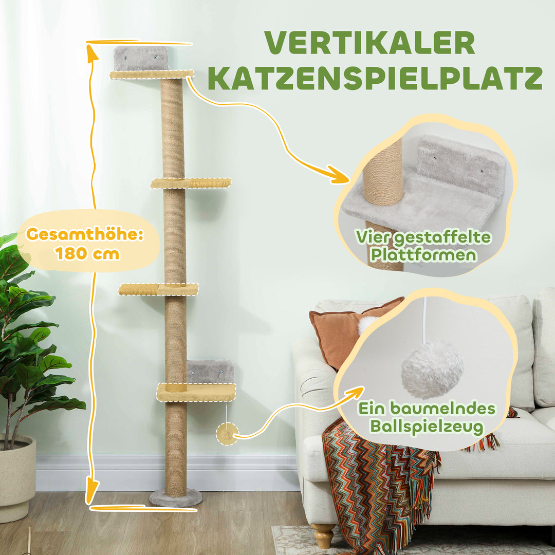 Kradsetræ til katte, 5-lags design, legetøj, sisalpæle, plysstof, lysegrå