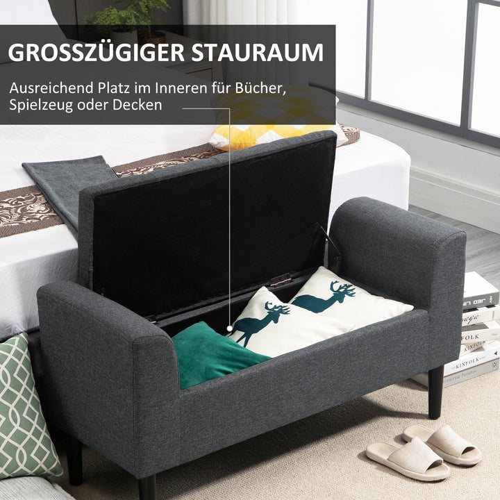 Bænk med opbevaringsplads, polstret bænk med linnedlook, træben, sengebænk, bæreevne op til 130 kg, til stue, soveværelse, entre, 116 x 44 x 58 cm mørkegrå