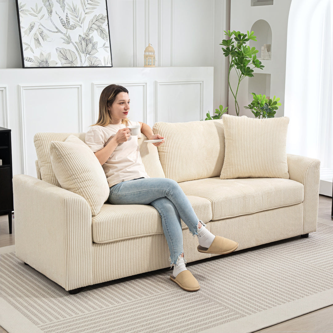 3-personers sofa med dekorative hynder, corduroy sofa til stue, soveværelse, 212 cm bred, cremehvid