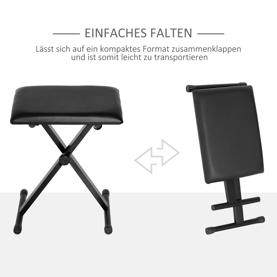 Højdejusterbar klaverstol, X-formet klaverbænk med kunstlæderhynde, foldbar klaverstol til klaver og keyboard, 39 x 29 x 37-47 cm, sort