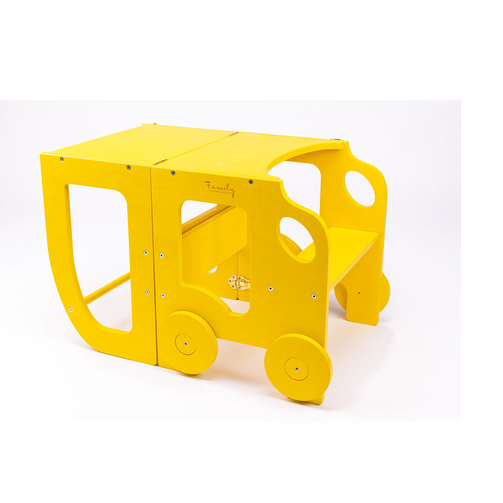 Køkkentrappe / montessori-læringstårn: bord, stol og trappe i ét til barn, gul