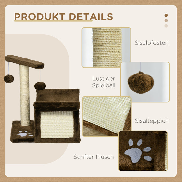 Lille kradsetræ til katte, legetræ, kradsetræ til katte med legebold, brun, l40 x b30 x h43 cm