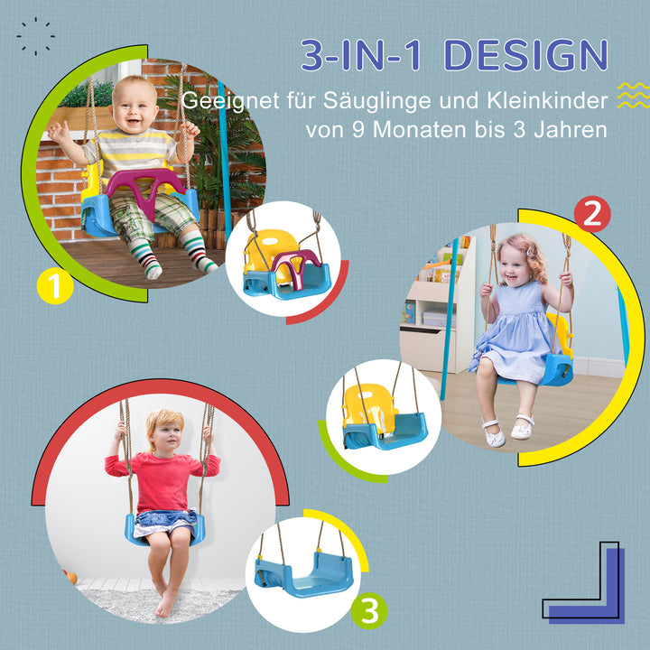 3-I-1 børnegynge, højdejusterbar, aftagelig ryglæn, til indendørs og udendørs brug, blå+gul, 42 x 33 x 180 cm