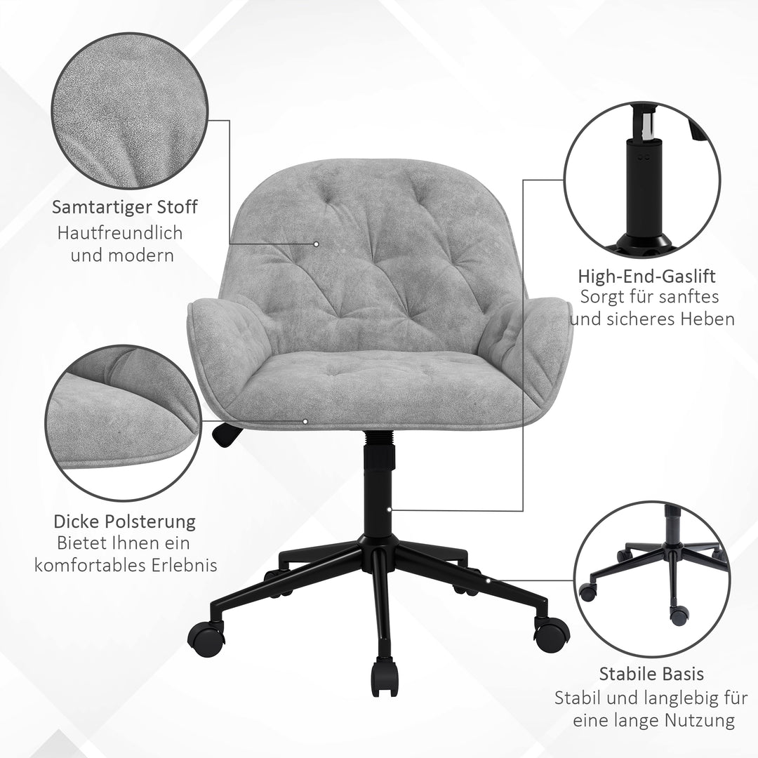 Kontorstol, skrivebordsstol, computerstol, højdejusterbar, fløjlslook, grå