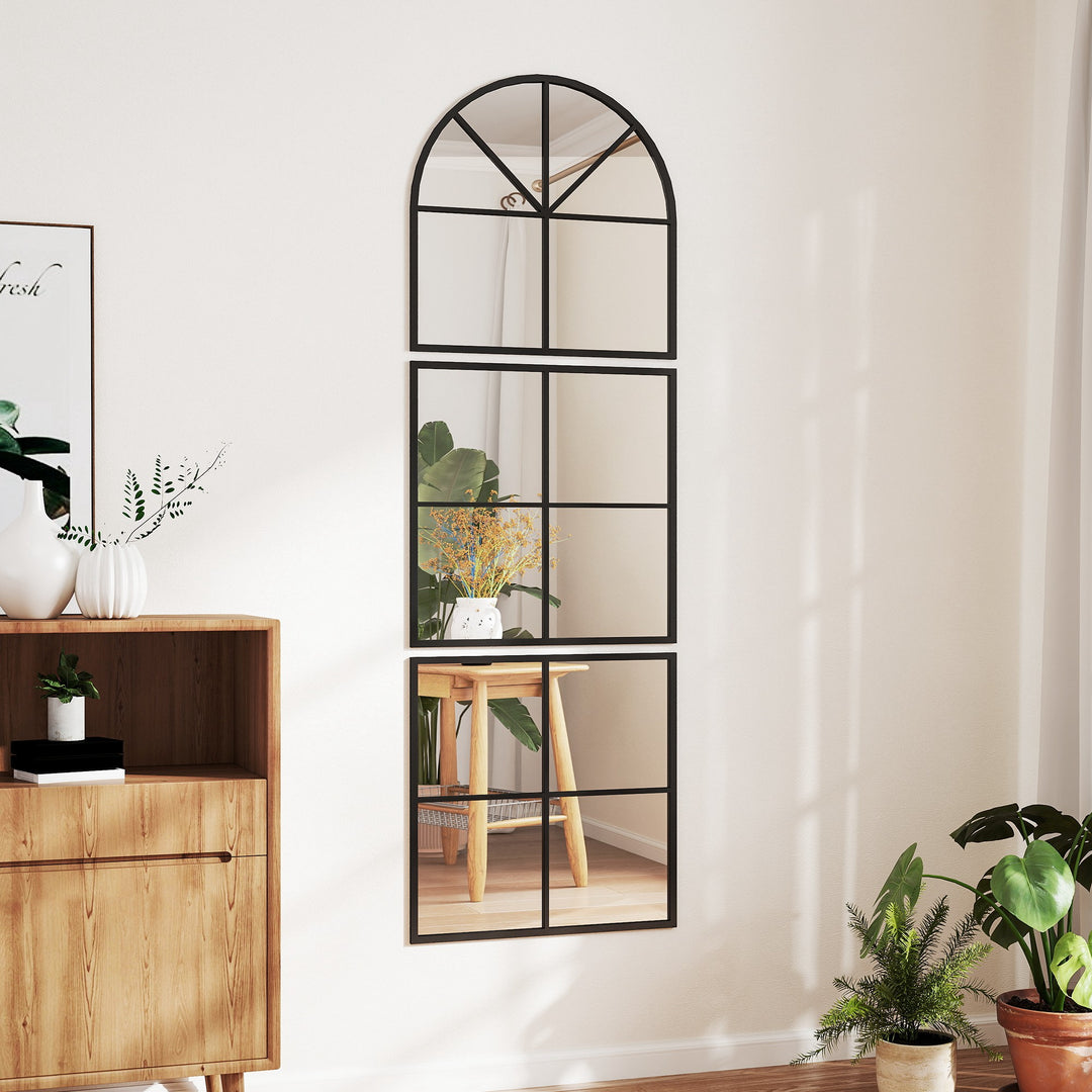 Vægspejl med tredelt buet spejl og metalramme, dekorativt 60 x 2 x 180 cm sort