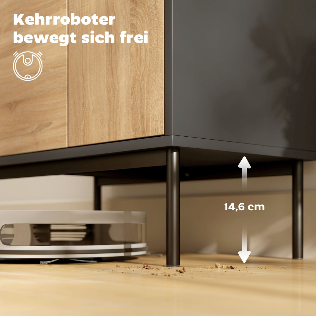 Skænk med push-to-open låger, spisestueskab med metalben, køkkenskab, MDF, sort + naturtræ
