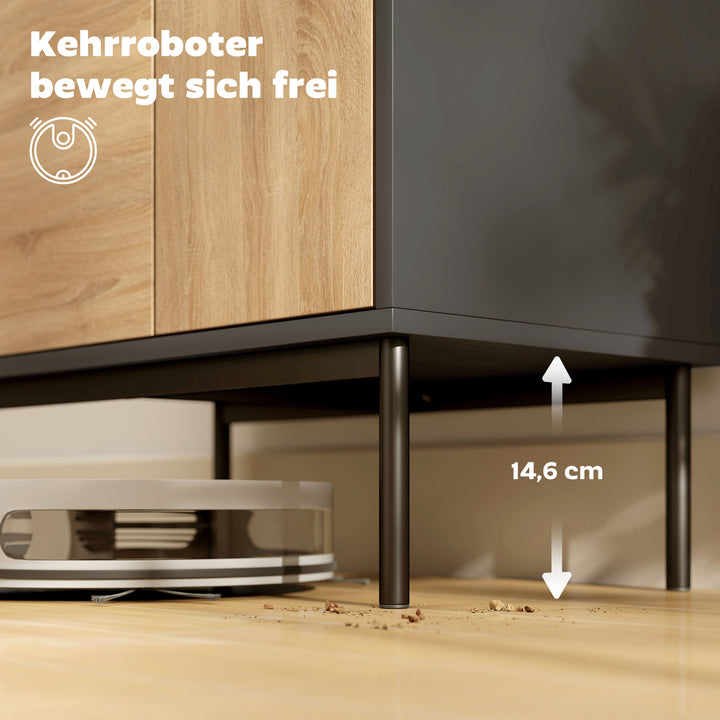 Skænk med push-to-open låger, spisestueskab med metalben, køkkenskab, MDF, sort + naturtræ