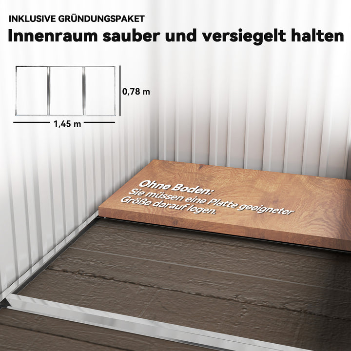 Haveskur, udendørs redskabsskur lavet af bølgepapstål, vægmonteret design, justerbare hylder, aflåselig dør, grå