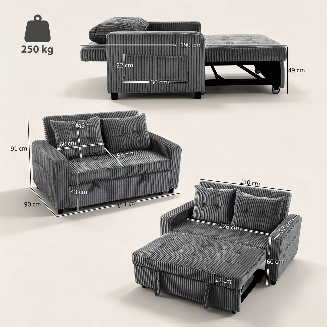 2-personers sovesofa i fløjl, omdannes nemt til seng, inkl. 2 puder og sidelommer, 157 x 190 cm, mørkegrå