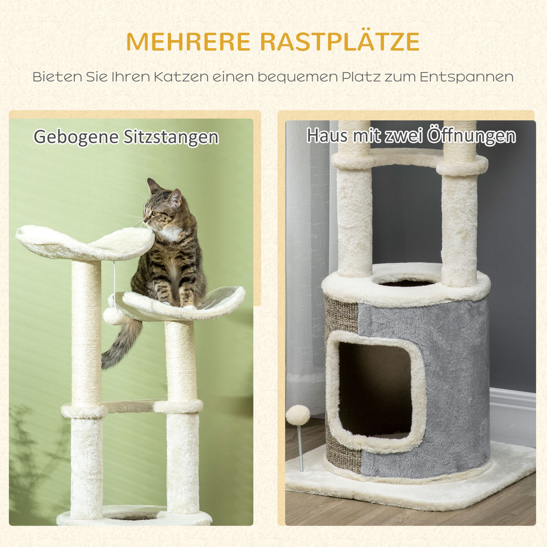 Kradsetræ med kattehule, to platforme, to kradsetræer, plysbetræk, cremehvid, 48 x 48 x 110 cm