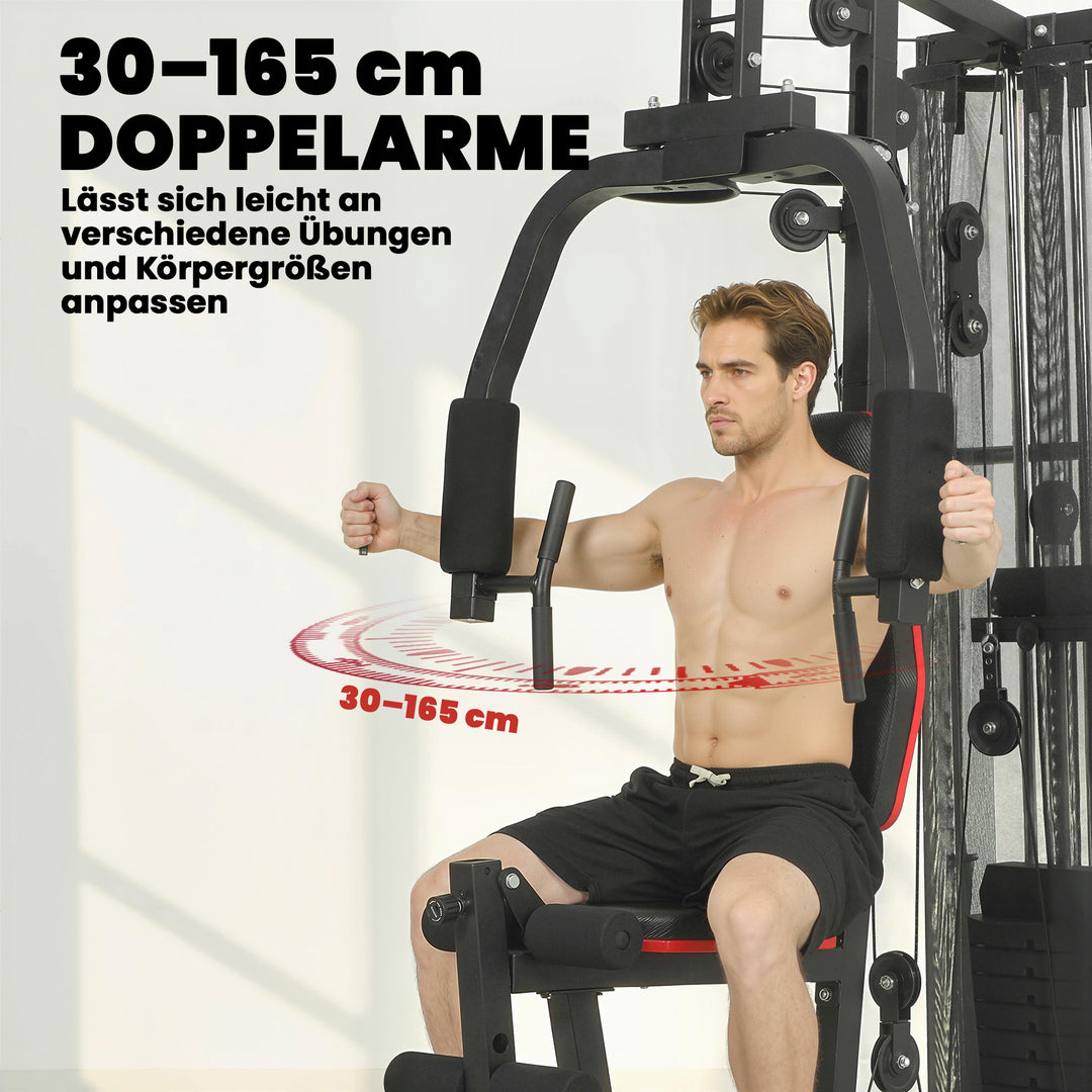 Power rack fitnessstation med 65 kg vægte, lat pulldown, butterfly bar, justerbar preacher bænk, bentræner