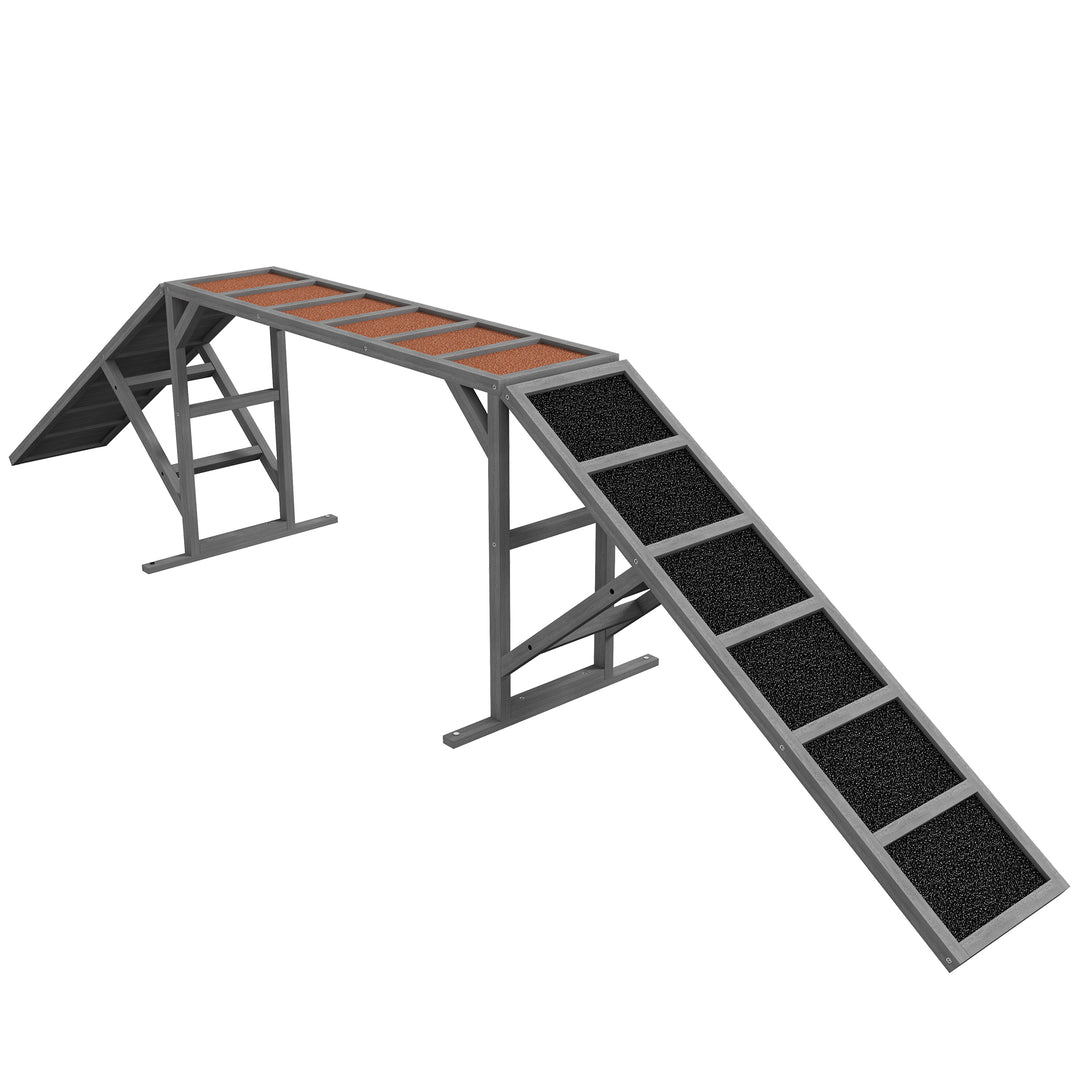 Hundeagilitybro med sikkerhedsstang, skridsikker overflade, vejrbestandig, agilityudstyr til hunde op til 40 kg, 335x55x60 cm, grå