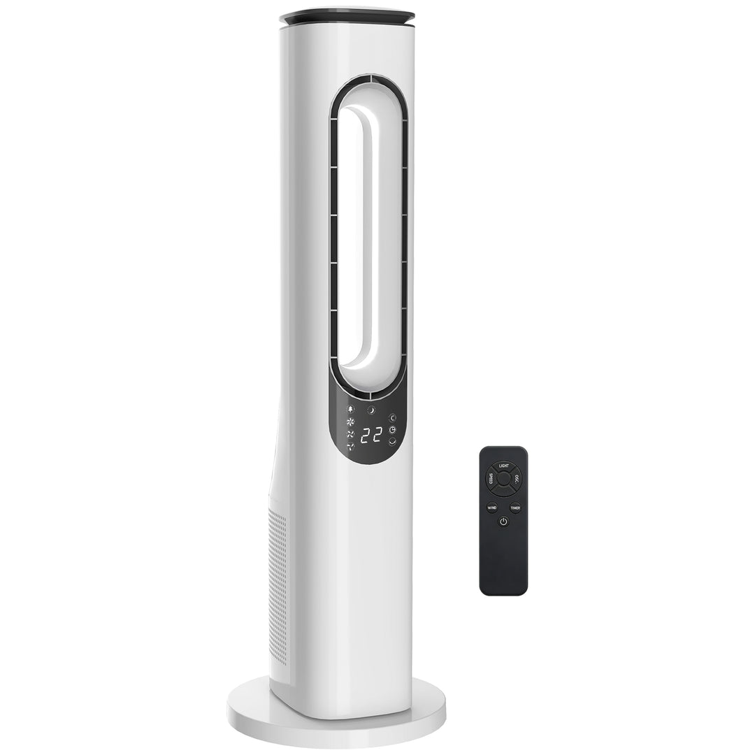 Rotorløs tårnventilator til soveværelser, 35 dB støjsvag standerventilator med 50° oscillation, LED-lys, 3 hastigheder, 15-timers timer, hvid