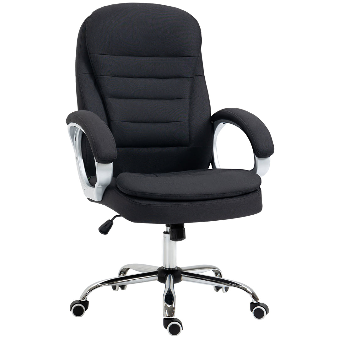 Kontorstol, arbejdsstol, skrivebordsstol, drejestol, 360°, ergonomisk, vippefunktion, højdejusterbar, sort linned, 64 x 75 x 111-121 cm