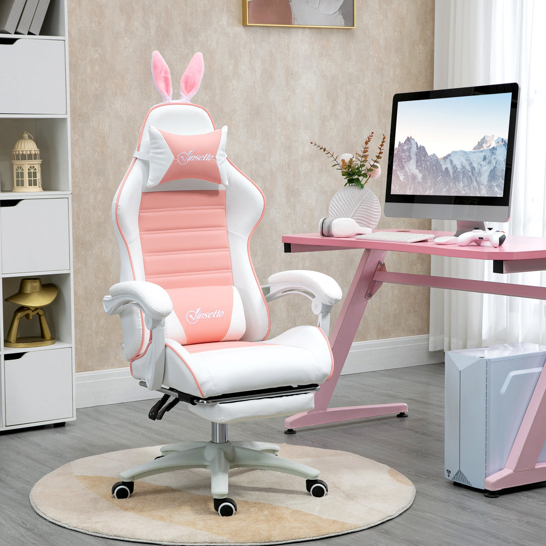Gaming chair ergonomisk gamerstol med lændestøtte, fodstøtte, pude med kaninører, pink