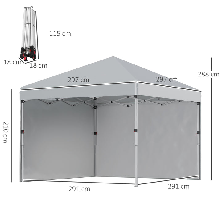 Foldbar pavillon, to sidepaneler, bæretaske, stålramme, lysegrå, 3 x 3 x 2,7 m