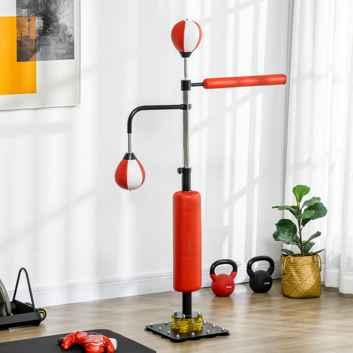 Boksestativ, to speedballs, roterende boksestang, sparkpude, højdejusterbar, stål, 107 x 36 x 140-205 cm