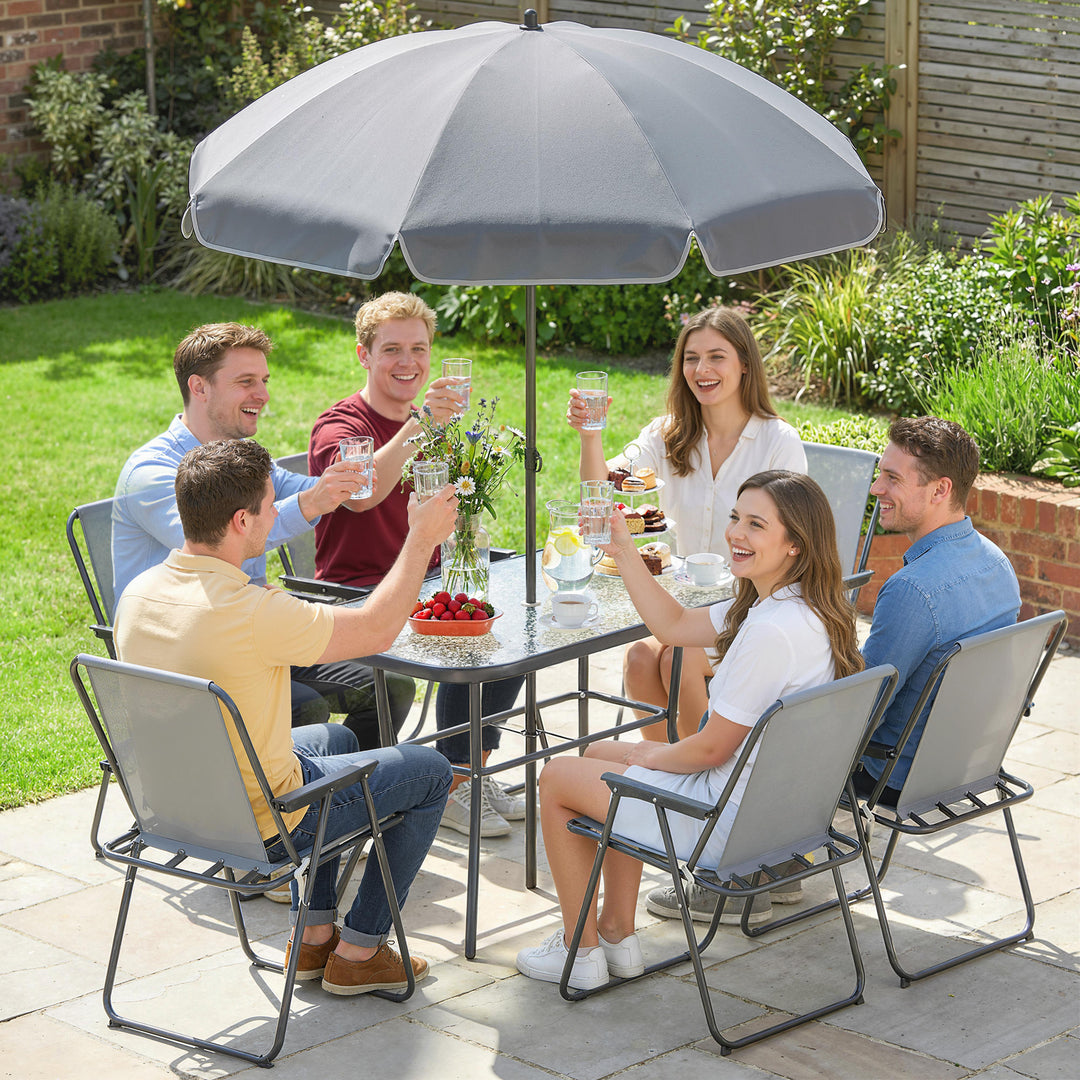 Havemøbelsæt, siddegruppe, 119 x 68 cm, glasbord med 6 klapstole, parasol, vandbølgemønster, grå