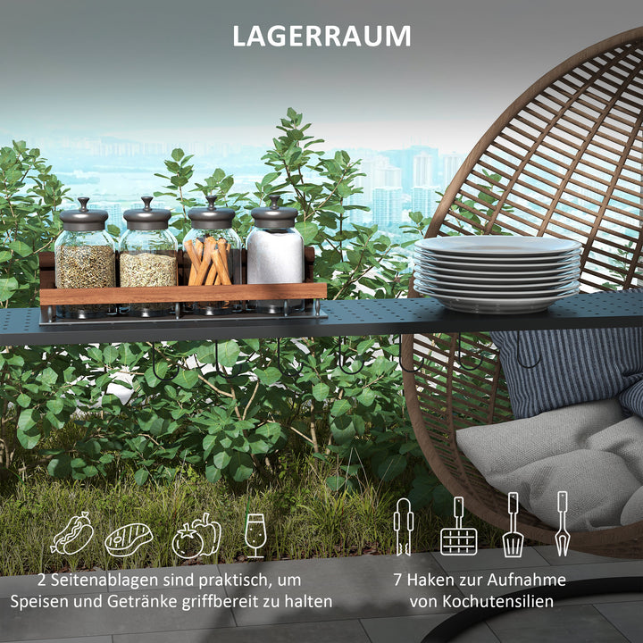 Bbq-pavillon, 2 sidehylder, kroge, stålramme, 1,1 x 2,3 m, khaki