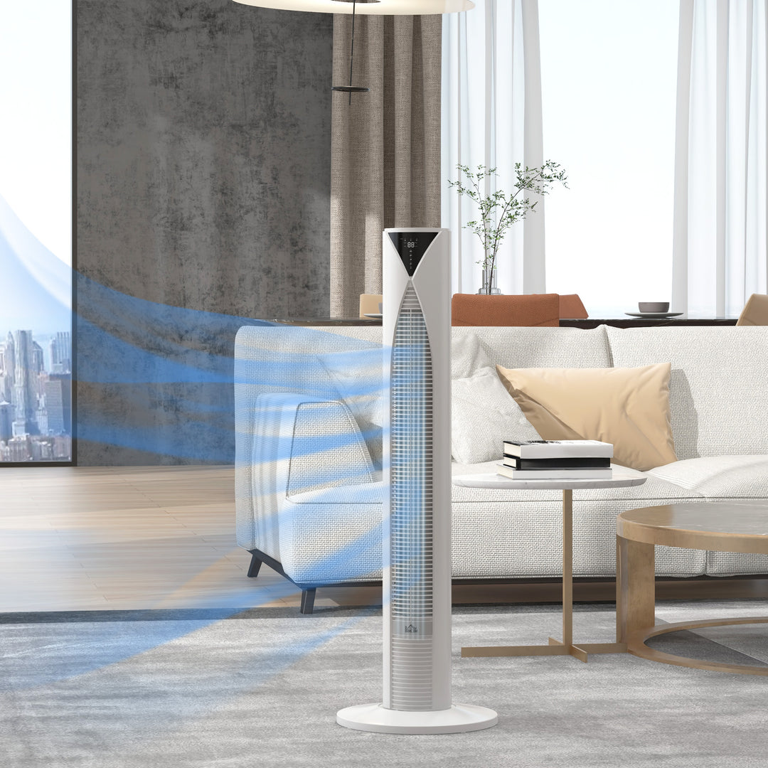 70° oscillerende tårnventilator med fjernbetjening, 4 tilstande, 3 hastigheder, timer, 31,5 x 31,5 x 96 cm, hvid