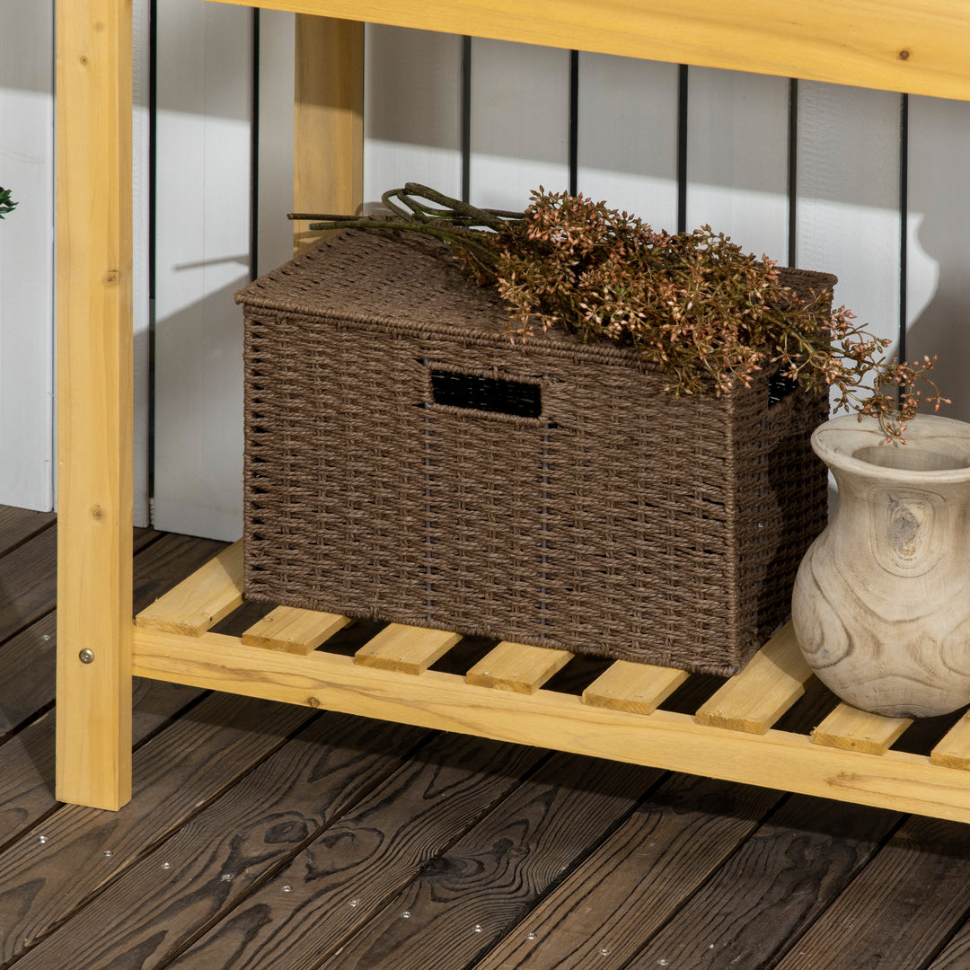 Havearbejdsbord, integreret rustfri stålvask, 2 hylder, massivt træ, brunt, 92 x 45 x 120 cm