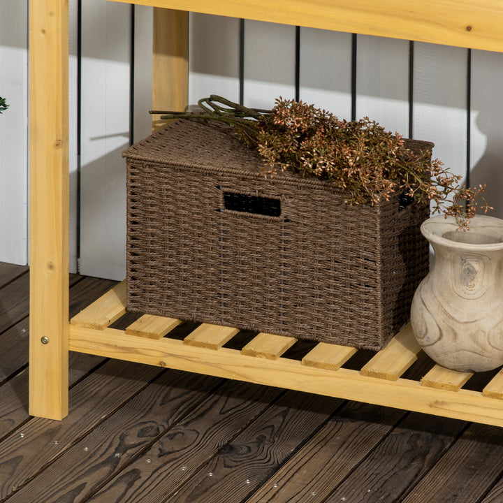 Havearbejdsbord, integreret rustfri stålvask, 2 hylder, massivt træ, brunt, 92 x 45 x 120 cm