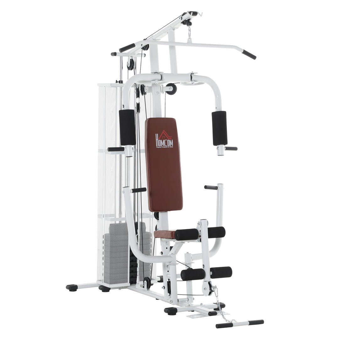 Fitnesscenter, multigym, fitnesscenter, fitnessudstyr inklusive vægte, lat pulldown, benbøjning, metal, PU-læder, hvid, 150 x 110 x 210 cm