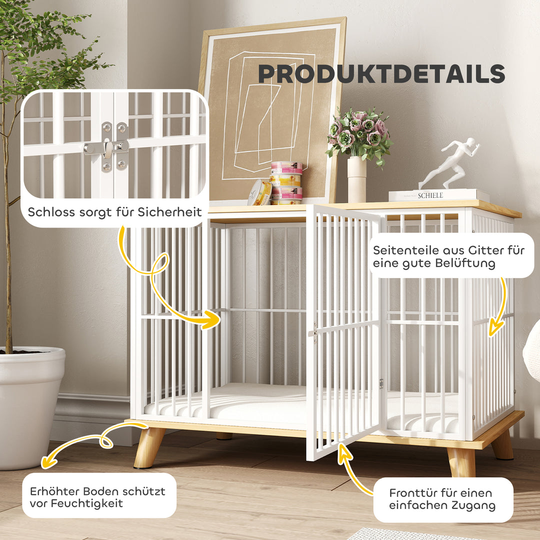 Hundebur med låsbar dør, aftagelig hynde, god ventilation, stål, 86x60x70 cm, hvid+grå