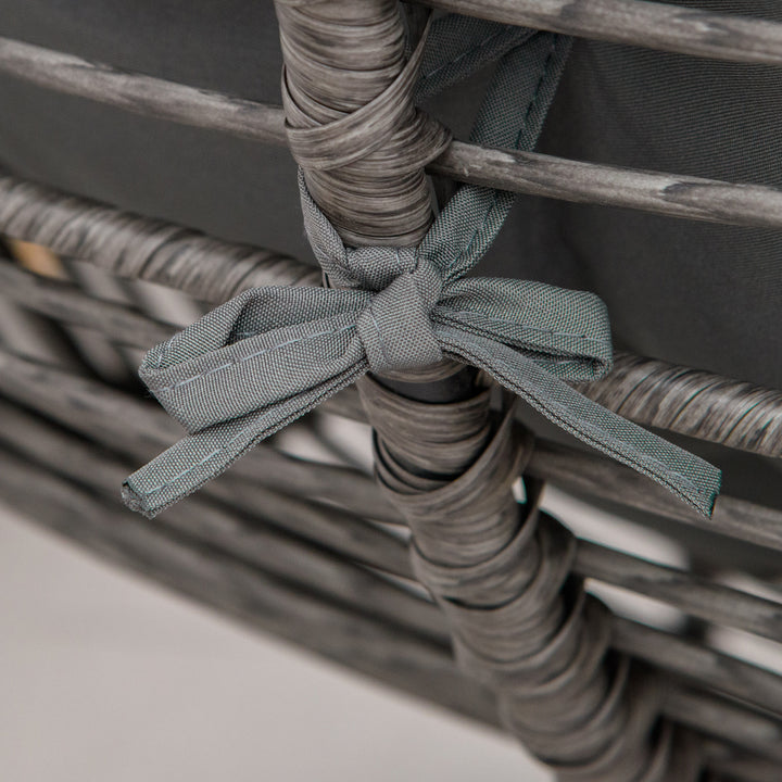 Rattan afslapningsstol med fodskammel, havestol med tykke hynder, udendørs rattanstol, havestol til have, balkon, terrasse, grå