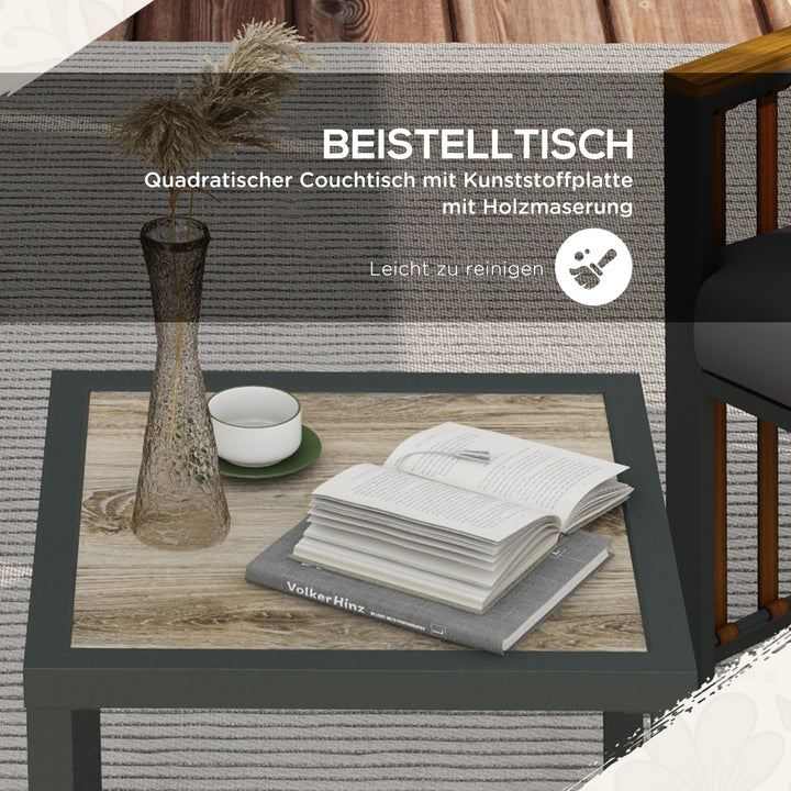 Havemøbelsæt med 3 dele, siddehynder, trædekor, rustfri metalramme, grå