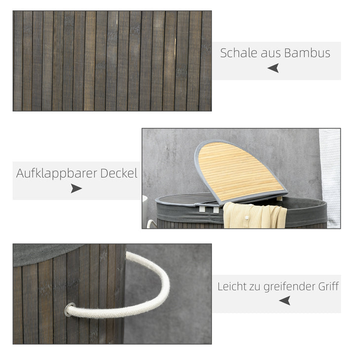 100 L vasketøjskurv med låg, håndtag, 2 sektioner, aftagelig vasketøjspose, til soveværelse, badeværelse, bambus, grå