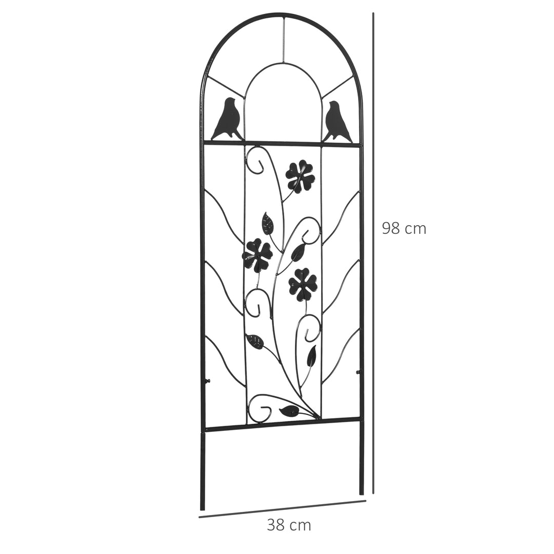 Sæt med 2 metalespalierer med fugle- og kløverdekoration til have og terrasse, sort, 38 x 98 cm