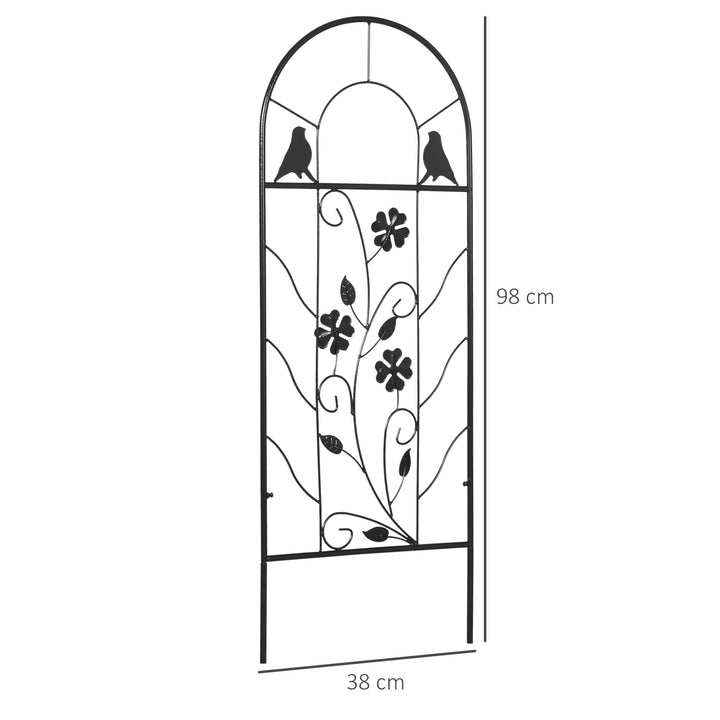 Sæt med 2 metalespalierer med fugle- og kløverdekoration til have og terrasse, sort, 38 x 98 cm