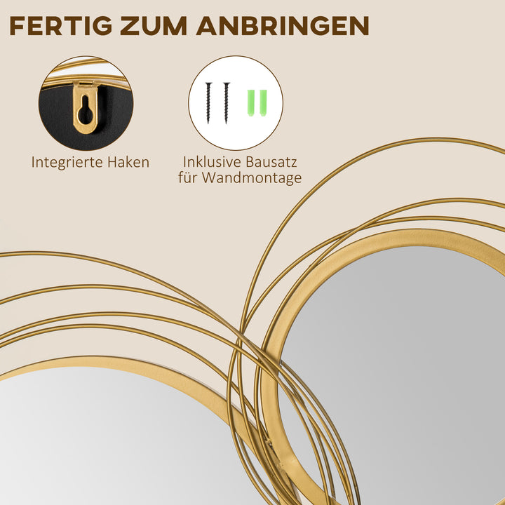 Spejlsæt til vægdekoration, vægdekoration med 4 runde spejle, vægspejl, entréspejl, 107 x 4 x 56 cm