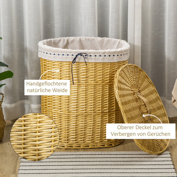 Vasketøjskurv i flet med låg, vasketøjsopsamler med håndtag, aftagelig vasketøjspose, vasketøjskurve, vasketøjsboks til badeværelse, vaskerum, soveværelse, naturlig