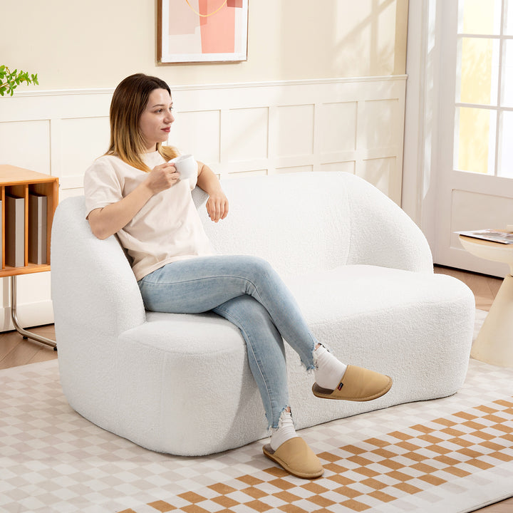 2-personers sofa, buet design, polstret sofa med fleecebetræk, til stue, soveværelse, hjemmekontor, cremehvid