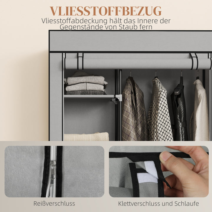 Stofgarderobe, opbevaringsløsning, 6 hylder, 1 garderobestang, lysegrå