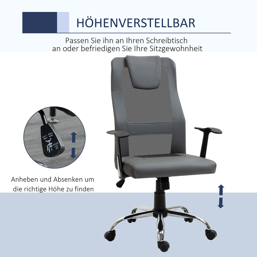 Kontorstol, drejestol, højdejusterbar chefstol, ergonomisk skrivebordsstol, kunstlæder, grå, 66 x 73 x 108-118 cm