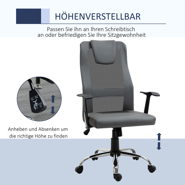 Kontorstol, drejestol, højdejusterbar chefstol, ergonomisk skrivebordsstol, kunstlæder, grå, 66 x 73 x 108-118 cm