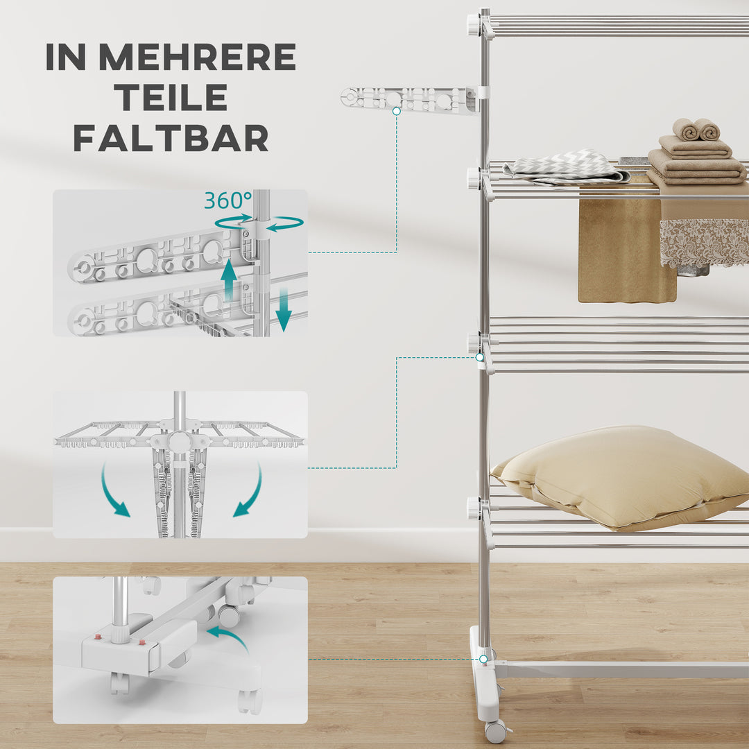 Mobilt tørrestativ med hjul, 4 etager, foldbart, rustfrit stål, rustfri, hvid+sølv, 142 x 55 x 172 cm