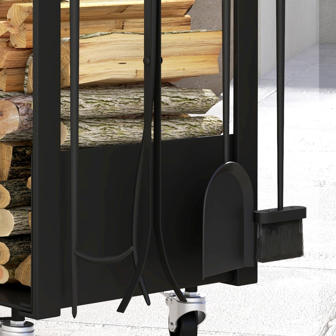 Brændehylde med hjul, meget tilbehør, metalramme, op til 60 kg, 48 x 30 x 76 cm, sort