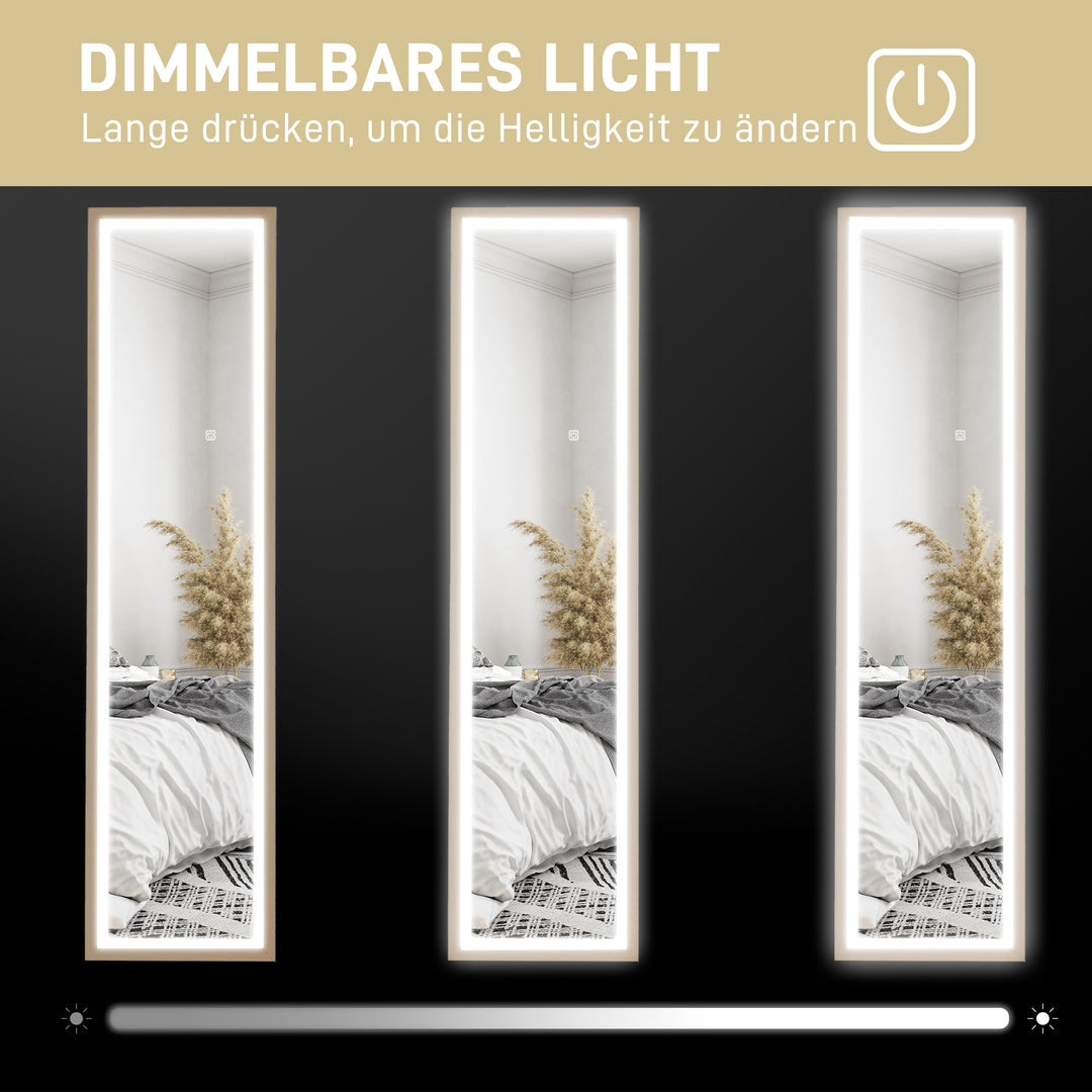 Led spejl i fuld længde, 40 x 160 cm, touch-betjening, dæmpbar, 3 farver, eg