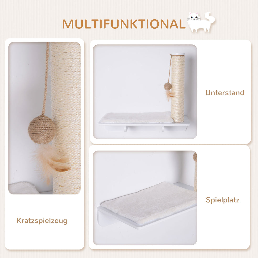 Klatrevæg til katte, vægmonteret kradsetræ, katteligger med kradsetræ, 53 cm kattehylde med boldlegetøj, plysmåtte, kradsetræ til katte, kattesøjle, hvid