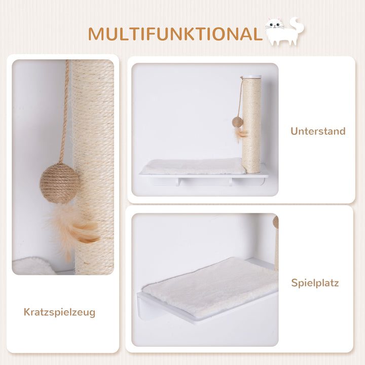 Klatrevæg til katte, vægmonteret kradsetræ, katteligger med kradsetræ, 53 cm kattehylde med boldlegetøj, plysmåtte, kradsetræ til katte, kattesøjle, hvid